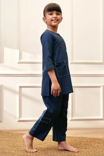 Girl's navy blue cotton kurta set with kantha embroidery