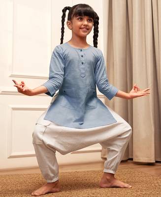 Girl's aqua cotton kurta and harem pant set with kantha 1