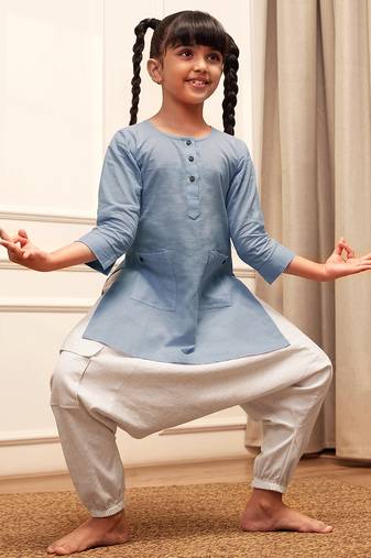Girl's aqua cotton kurta and harem pant set with kantha