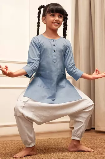 Girl's aqua cotton kurta and harem pant set with kantha