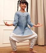 Girl's aqua cotton kurta and harem pant set with kantha