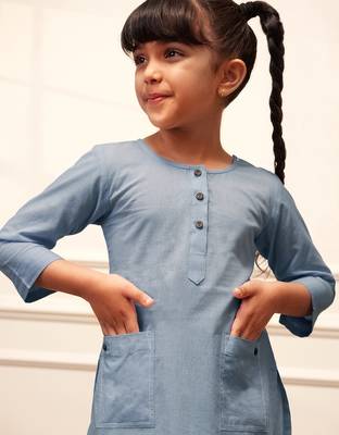 Girl's aqua cotton kurta and harem pant set with kantha 2