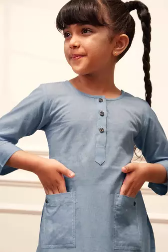 Girl's aqua cotton kurta and harem pant set with kantha