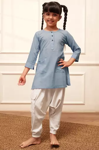 Girl's aqua cotton kurta and harem pant set with kantha