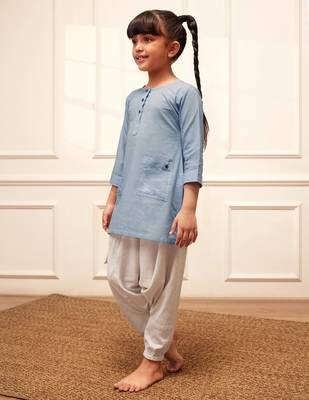 Girl's aqua cotton kurta and harem pant set with kantha 4