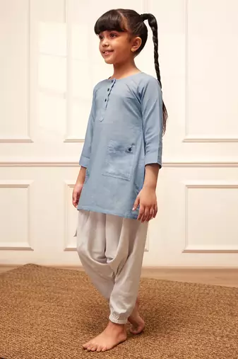 Girl's aqua cotton kurta and harem pant set with kantha