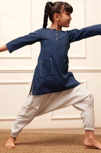 Girl's navy blue cotton kurta and harem pant set with kantha