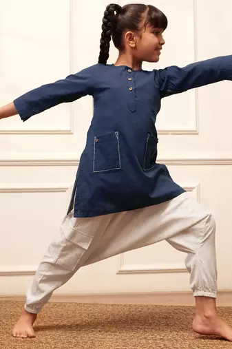 Girl's navy blue cotton kurta and harem pant set with kantha