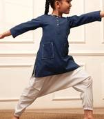 Girl's navy blue cotton kurta and harem pant set with kantha