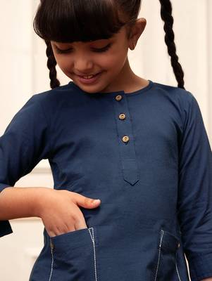 Girl's navy blue cotton kurta and harem pant set with kantha 2