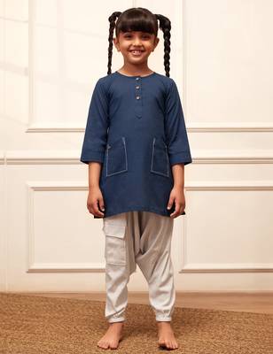 Girl's navy blue cotton kurta and harem pant set with kantha 3