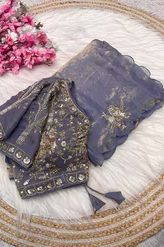 Grey fendy satin khatli beads work saree with fully stitched blouse
