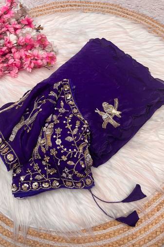 Blue fendy satin khatli beads work saree with fully stitched blouse