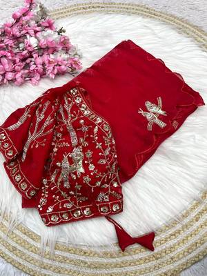 Red fendy satin khatli beads work saree with Unstitched blouse 1