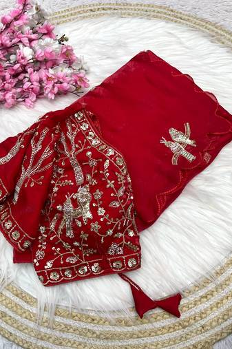 Red fendy satin khatli beads work saree with fully stitched blouse