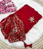 Red fendy satin khatli beads work saree with Unstitched blouse
