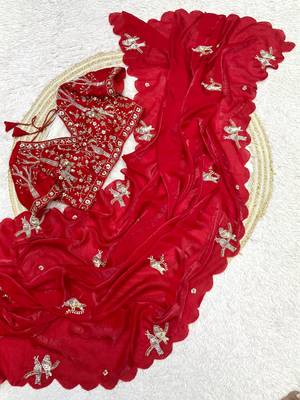 Red fendy satin khatli beads work saree with Unstitched blouse 2