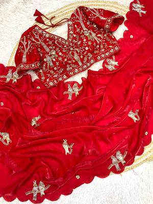 Red fendy satin khatli beads work saree with Unstitched blouse 3