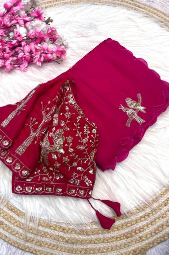 Ranipink fendy satin khatli beads work saree with fully stitched blouse