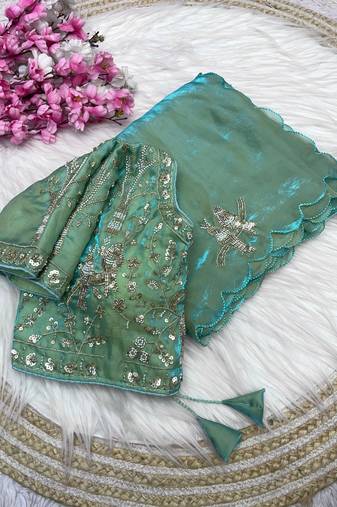 Seagreen fendy satin khatli beads work saree with fully stitched blouse