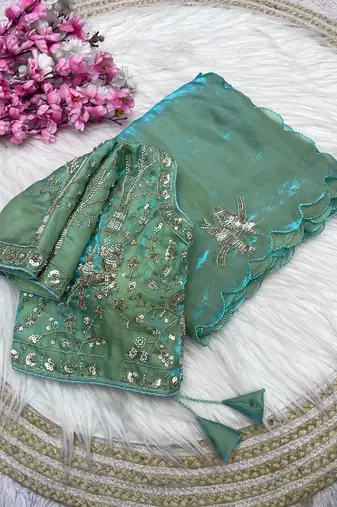 Seagreen fendy satin khatli beads work saree with fully stitched blouse