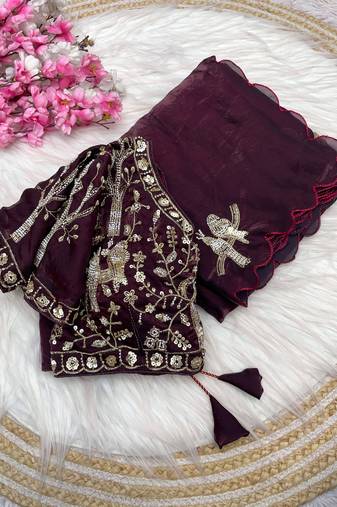 Wine fendy satin khatli beads work saree with fully stitched blouse