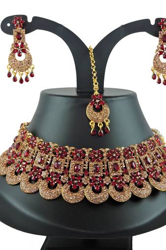 Maroon designer function wear ad necklace set