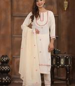 White Embroidered Cotton Kurta and Pant Set with Dupatta