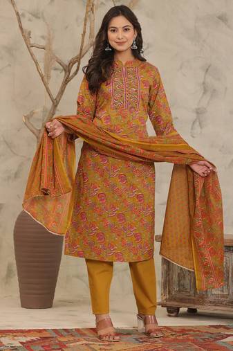 Mustard Brown Adda Work Cotton Kurta and Pant Set with Dupatta