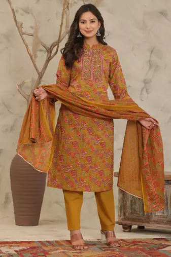 Mustard Brown Adda Work Cotton Kurta and Pant Set with Dupatta