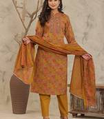 Mustard Brown Adda Work Cotton Kurta and Pant Set with Dupatta