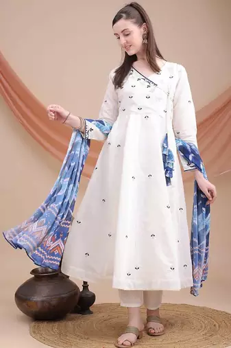 White embroidered kurta set with printed blue dupatta | elegant ethnic wear