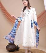 White embroidered kurta set with printed blue dupatta | ethnic wear