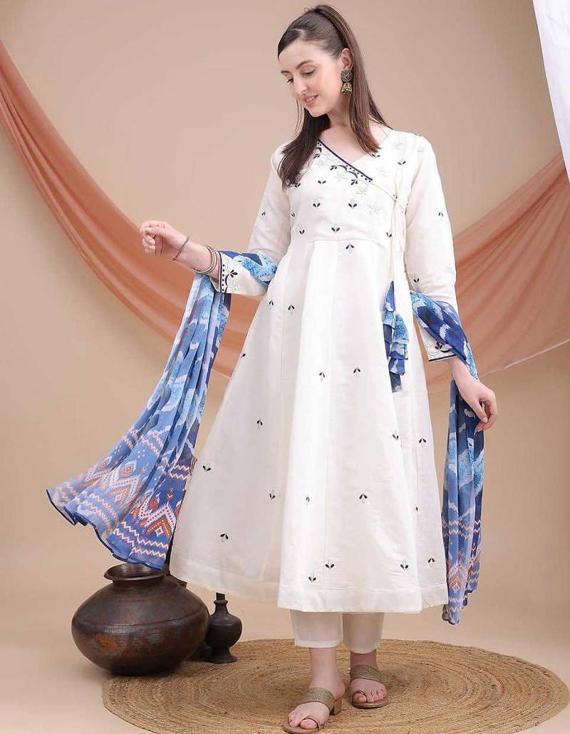 White embroidered kurta set with printed blue dupatta | elegant ethnic wear