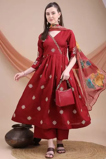 Elegant maroon flared kurta set with printed dupatta for women