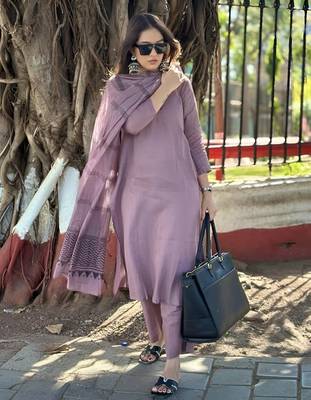 purple cotton slub kurta set with printed dupatta 1