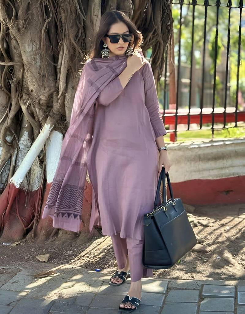 Elegant purple cotton slub kurta set with printed dupatta
