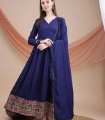 Navy blue anarkali kurta set with heavy embroidered hem & solid dupatta