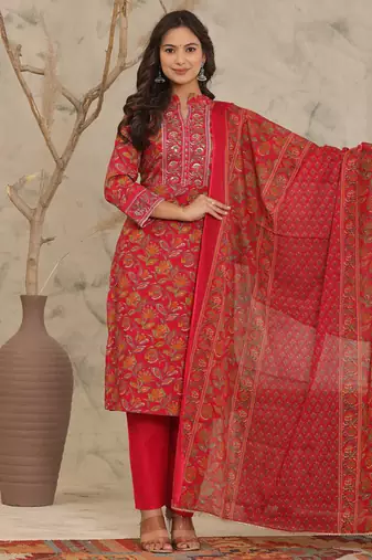 Red Adda Work Cotton Kurta and Pant Set with Dupatta