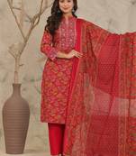 Red Adda Work Cotton Kurta and Pant Set with Dupatta