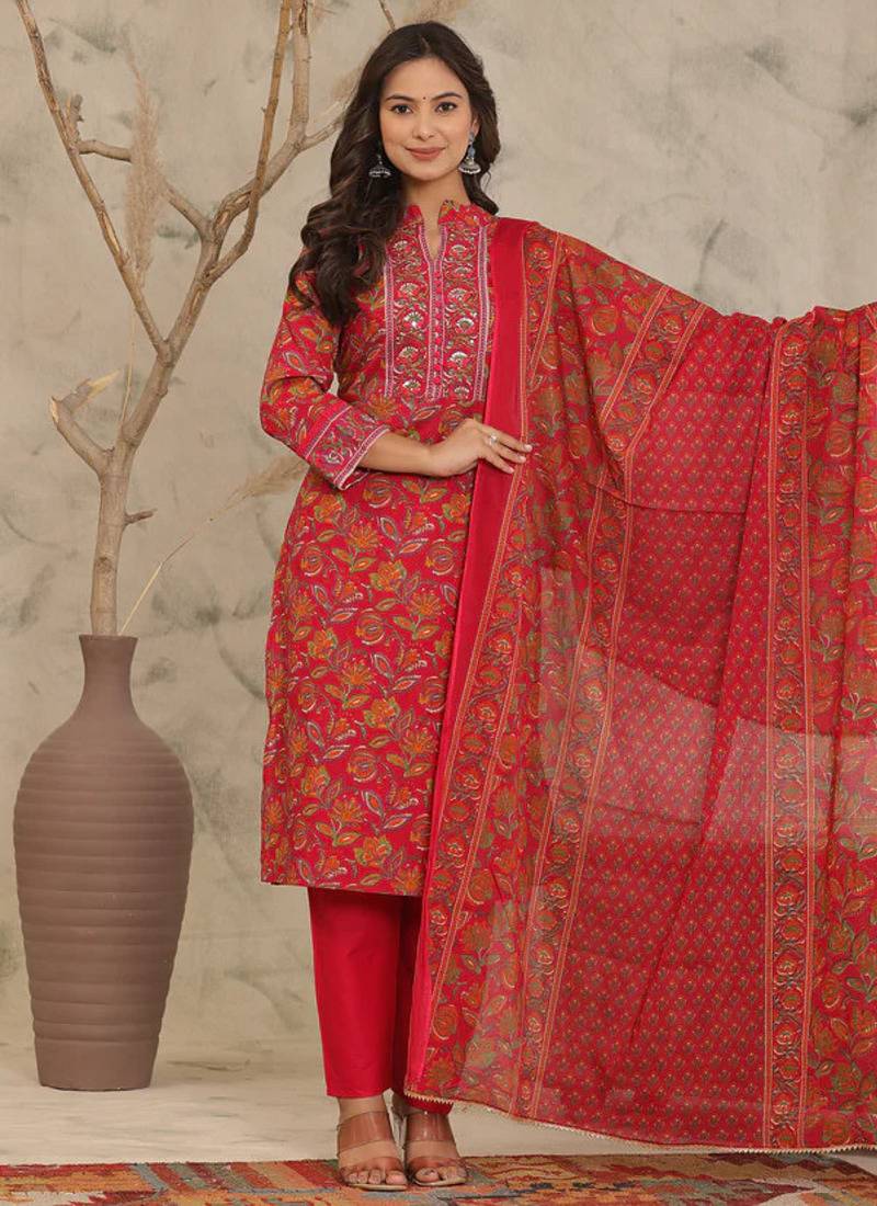 Red Adda Work Cotton Kurta and Pant Set with Dupatta