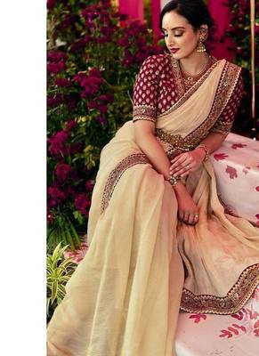 Off White sequin And Dori Embroidered Twil With Banarashi Crush Saree 1
