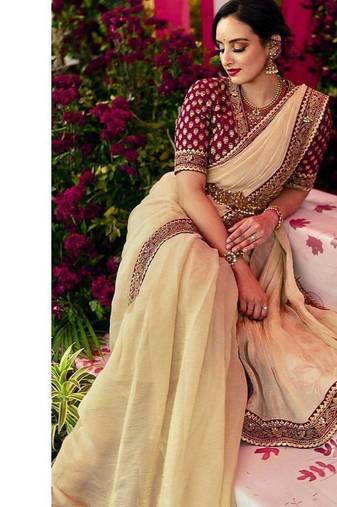 Off White sequin And Dori Embroidered Twil With Banarashi Crush Saree