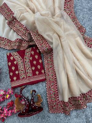 Off White sequin And Dori Embroidered Twil With Banarashi Crush Saree 4