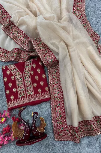 Off White sequin And Dori Embroidered Twil With Banarashi Crush Saree