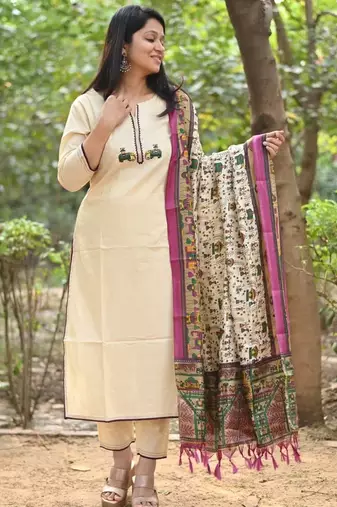 Off White Embroidered Cotton Flex Kurta and Pant Set with Chanderi Dupatta