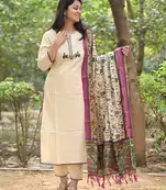 Off White Embroidered Cotton Flex Kurta and Pant Set with Chanderi Dupatta
