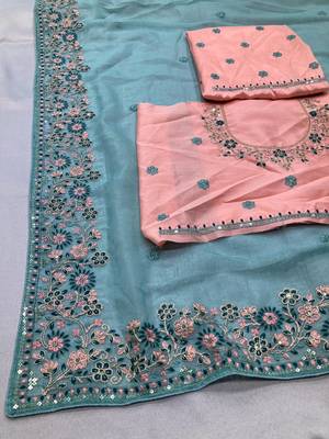 Sky Party Wear Crunchy silk Saree with embroidery 1