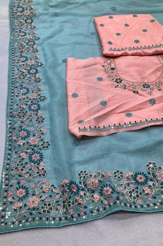 Sky Party Wear Crunchy silk Saree with embroidery