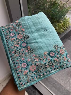 Sky Party Wear Crunchy silk Saree with embroidery 3